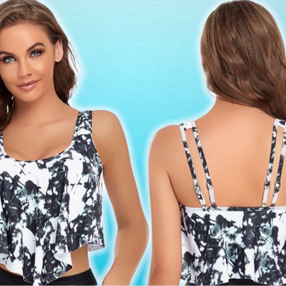 Black & White Ruffled Tankini Top US Size M Wide & Spaghetti Straps Swimsuit